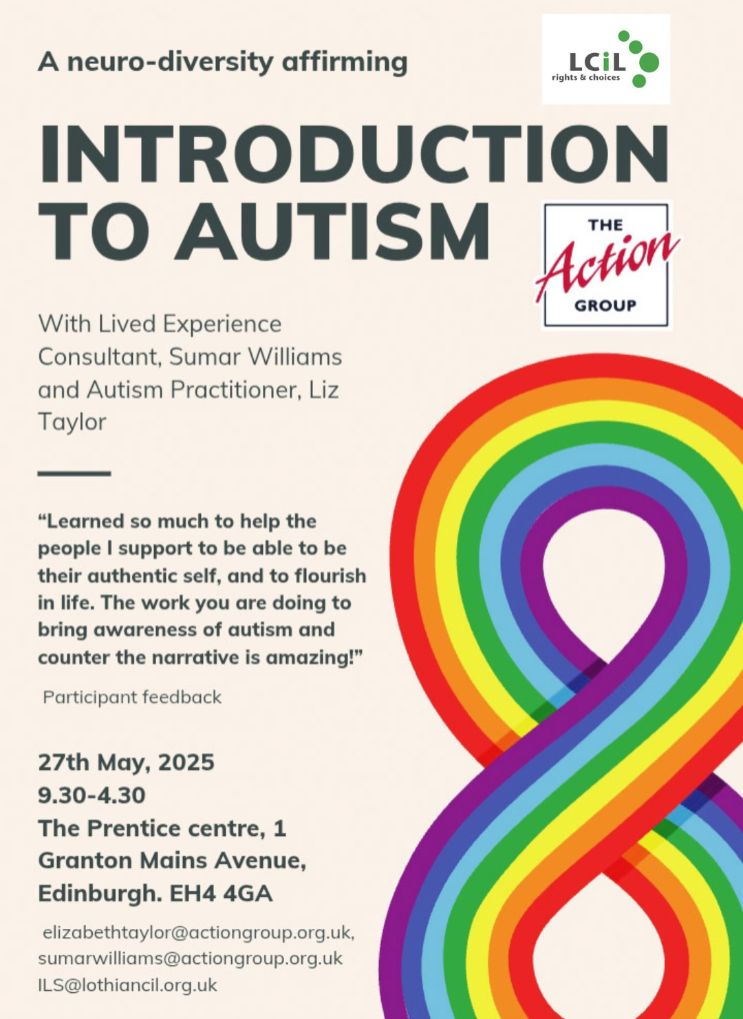 Workshop - Introduction to Autism Tuesday 27 May from 9.30am to 4.30pm Contact ILS@lothiancil.org.uk for info
