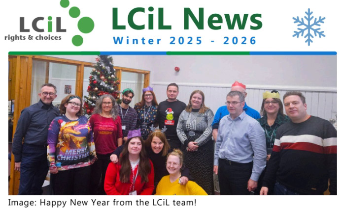 Cover of LCiL's Winter 2025-2026 newsletter. Image of staff team wishing everyone a Happy New Year.